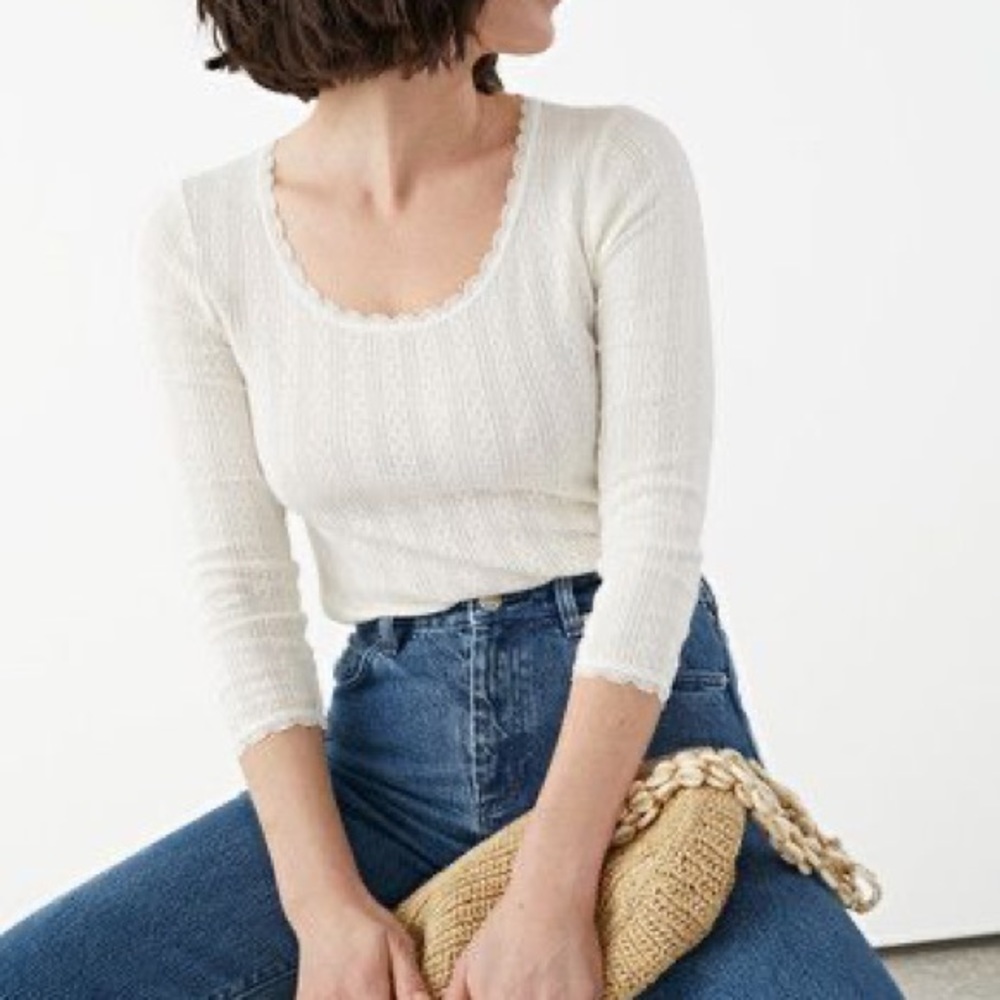& Other Stories pointelle scoop neck white top XS